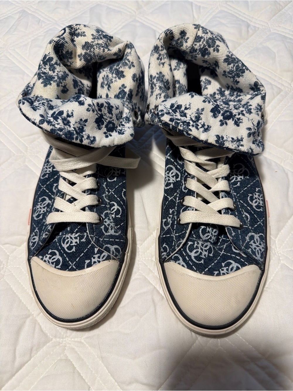 Guess Navy Monogram High-Top Sneakers with White Floral Cuff